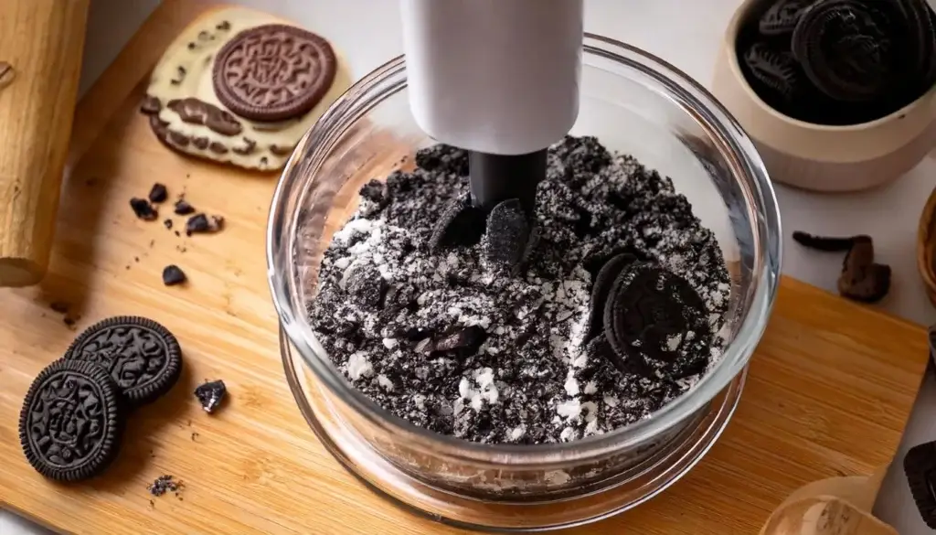 Prepare the Oreo Crust Use a food processor to grind 30 Oreo cookies into fine crumbs Resized