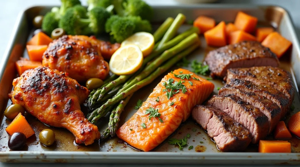 A vibrant and appetizing scene of a baking sheet meal, featuring three delicious protein and vegetable combinations. Showcase crispy chicken thighs with grilled vegetables such as broccoli and red olives, salmon with asparagus and lemon, and sliced ​​herb-crusted beef tenderloin with sweet potatoes, all neatly arranged on a separated baking sheets.           The image should highlight the rich colors and textures of the grilled ingredients, with a clean and attractive kitchen background to emphasize the simplicity and ease of baking on a baking sheet.