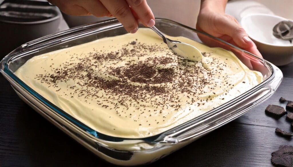 Spread the cream cheese mixture evenly over the chilled Oreo crust mixture into the base of a 9x13 inch baking dish Resized