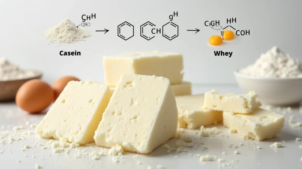 Artistic illustration of ricotta cheese with visual representations of casein and whey, set against a minimalist background of baking ingredients