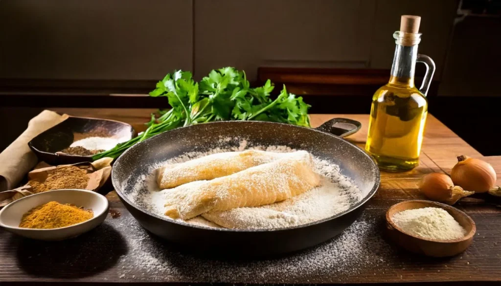 The image features fresh Cod fillets coated in all purpose flour ready to be cooked in a pan with golden extra olive oil 1344x768 1