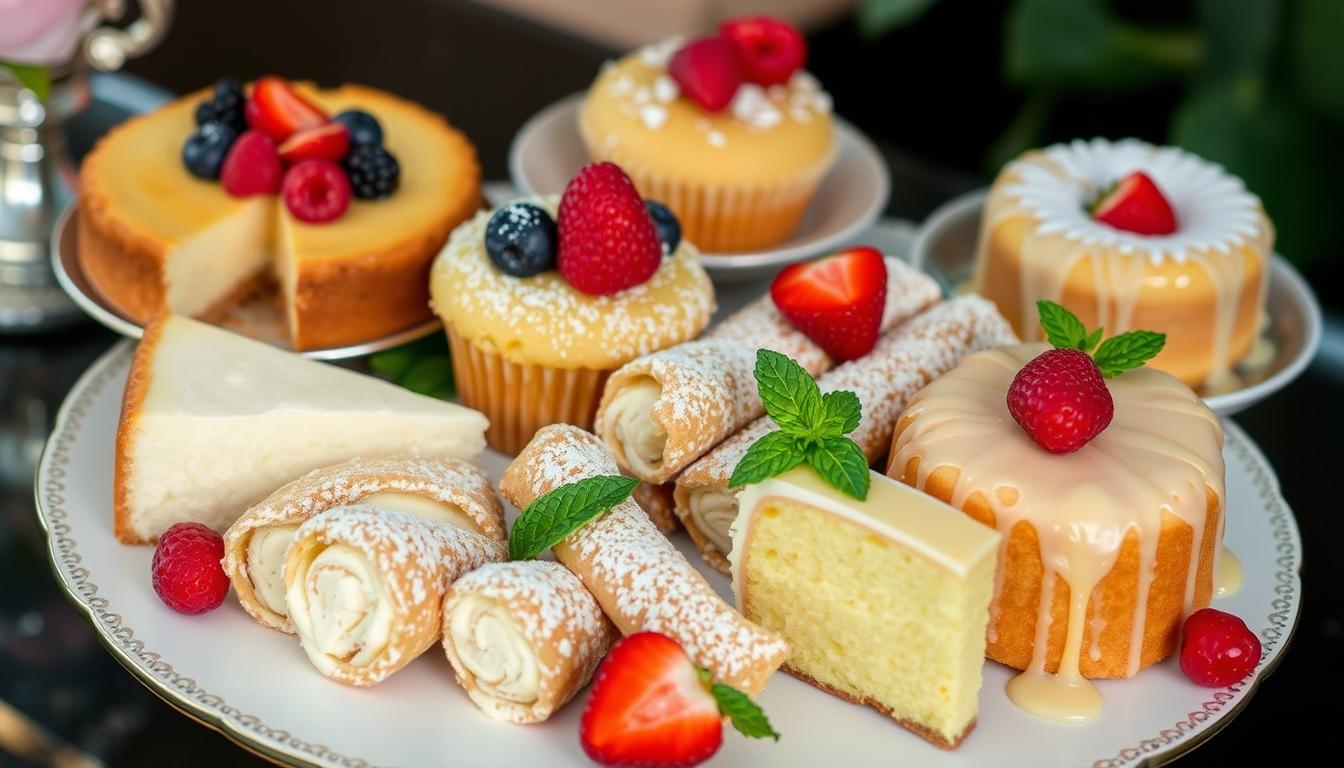 Assortment of ricotta-based desserts, including ricotta cheesecake, muffins, cannoli, and lemon-ricotta cake, garnished with fresh fruit and mint