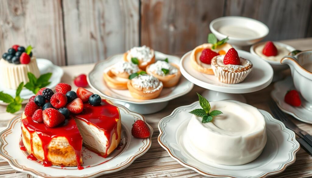 Assorted ricotta desserts, including cheesecake, pastries, and panna cotta, on ceramic plates with a rustic wooden background