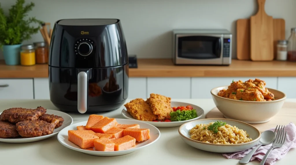 A modern kitchen showcasing time-saving cooking methods, including a microwave, air fryer, and pre-cooked ingredients. The image features Lemon Basil Salmon (10 minutes, 274 calories), Breaded Beef Chops (15 minutes, 297 calories), and a Chicken Rice Bowl (12 minutes, 325 calories), with essential pantry items and spices for quick and flavorful meal prep