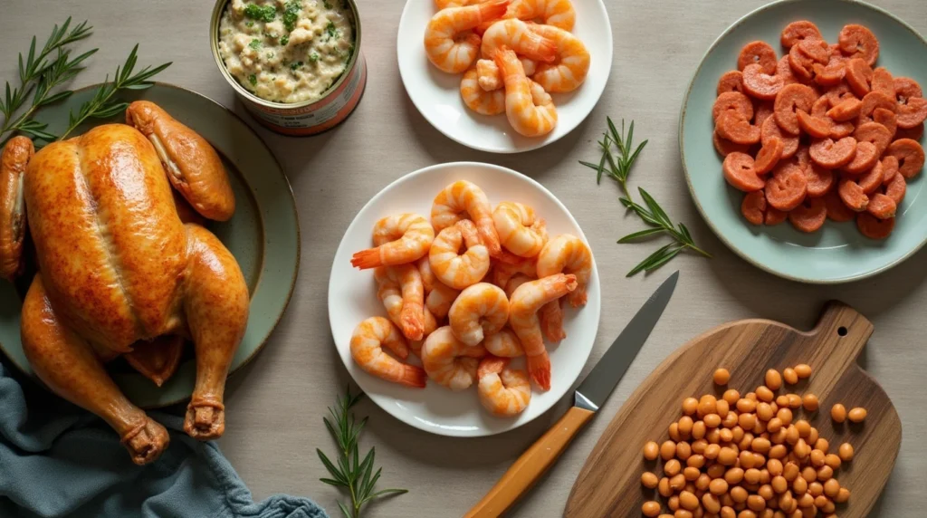 A flat-lay of quick-cook proteins for easy meals, including glazed rotisserie chicken with salad, open can of tuna, frozen shrimp in a bowl, pre-cooked sausages, and canned beans, arranged on a wooden countertop in a warm kitchen