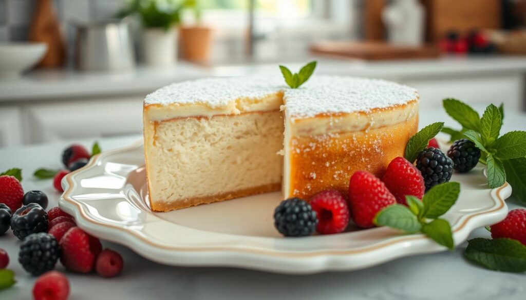 Ricotta cake on a white plate with fresh berries, mint leaves, and a rustic kitchen background