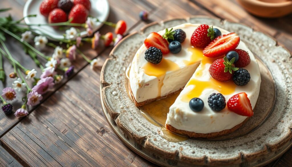 Ricotta cheesecake with fresh berries, honey drizzle, and edible flowers on a rustic wooden table