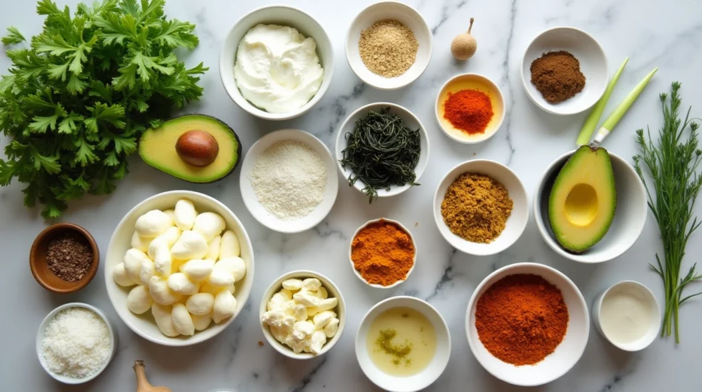 A kitchen shelf with both American and international ingredients, like avocados, soy sauce, and garam masala.