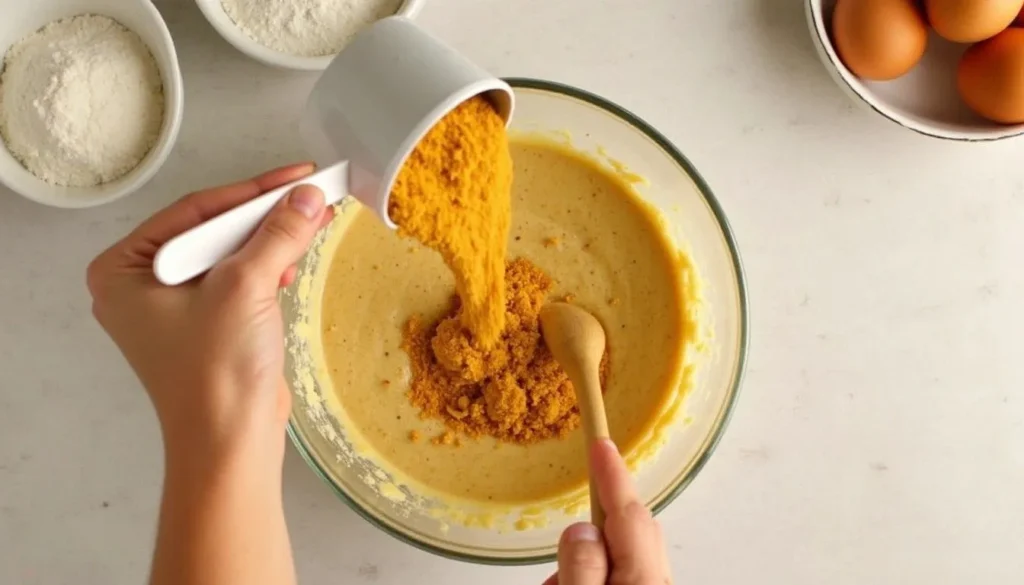 A close-up of butterscotch pudding mix being added to cookie dough in a mixing bowl.