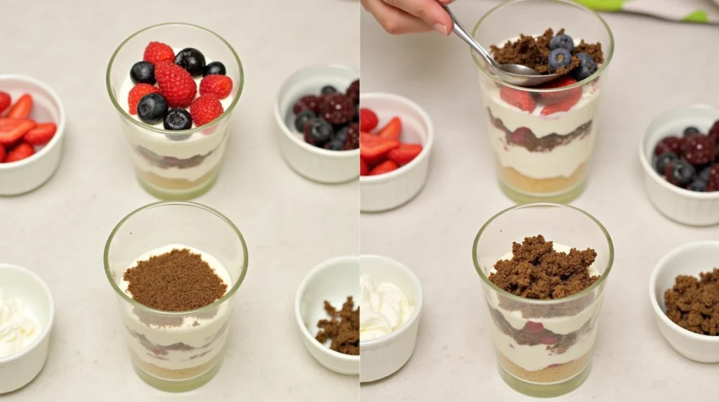 A variety of toppings being added to individual dessert cups, including fresh fruit, whipped cream, and crumbled cookies, creating a colorful and inviting finish.