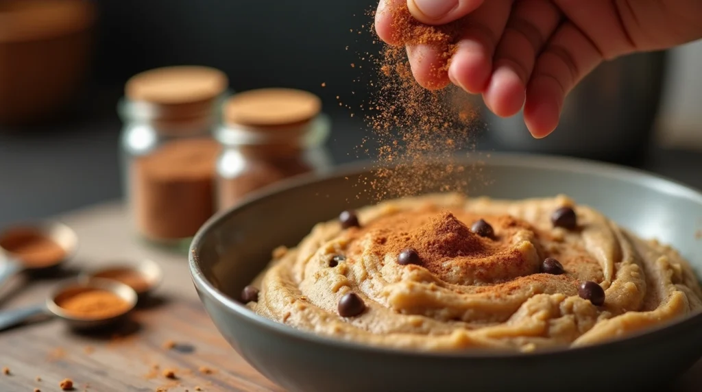 A hand sprinkling cinnamon or nutmeg over cookie dough to enhance flavor.