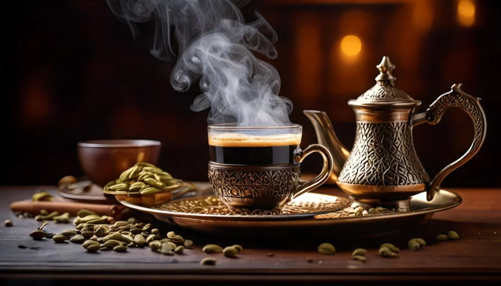 A steaming cup of Arabic coffee, flavored with cardamom, served with a traditional coffee pot