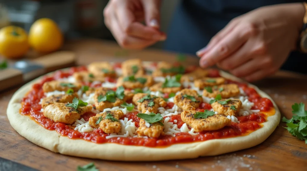 A pizza crust topped with marinara sauce, mozzarella cheese, and cooked Chicken Tikka.