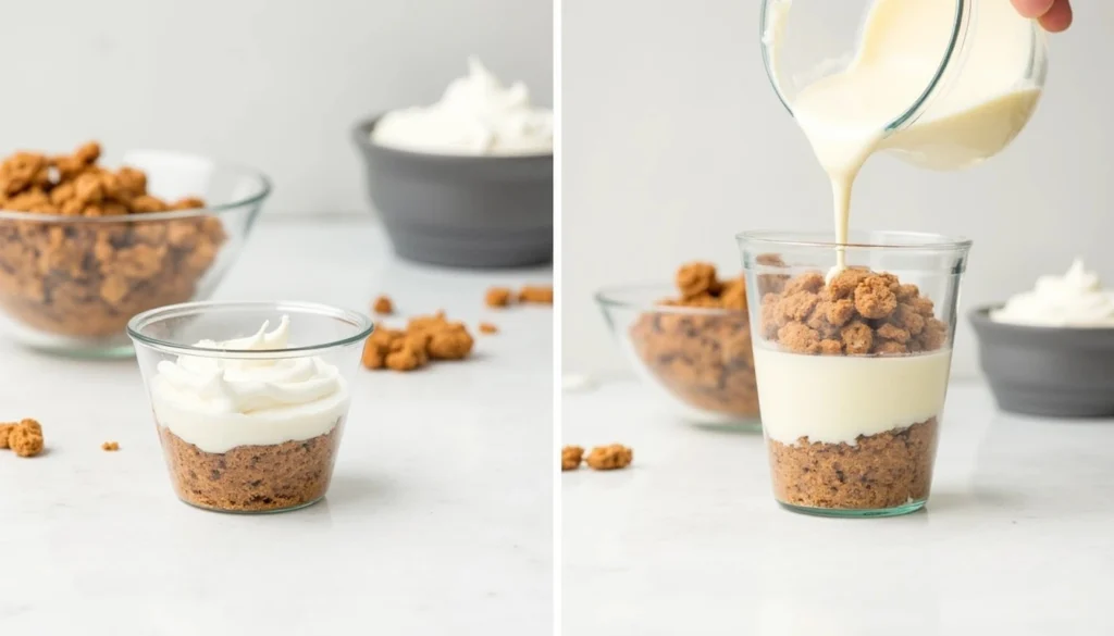 A step-by-step image of assembling individual dessert cups, starting with a layer of cookie crumbs or cake at the bottom, followed by a rich layer of mousse or pudding.