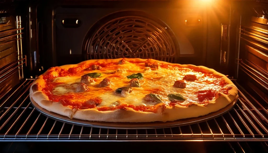 Chicken Tikka Masala Pizza baking in the oven, with the crust turning golden-brown and the cheese bubbling.