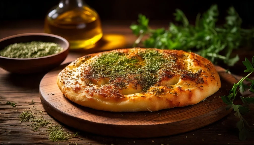 Traditional baladi bread with olive oil and za'atar seasoning