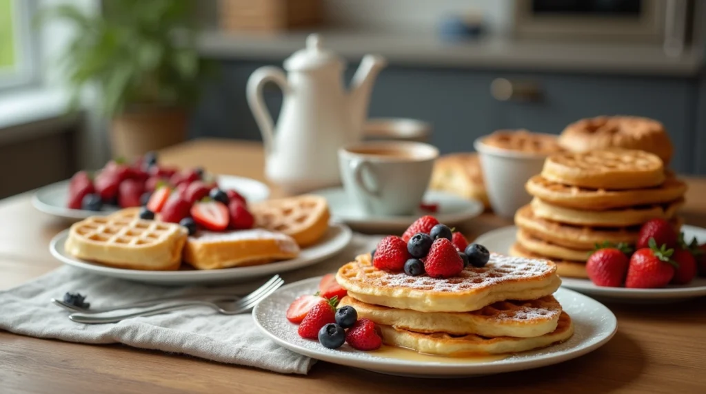 A variety of sweet breakfast dishes including fluffy pancakes, French toast, waffles, and cinnamon rolls served on a rustic kitchen table with fresh fruit and coffee.