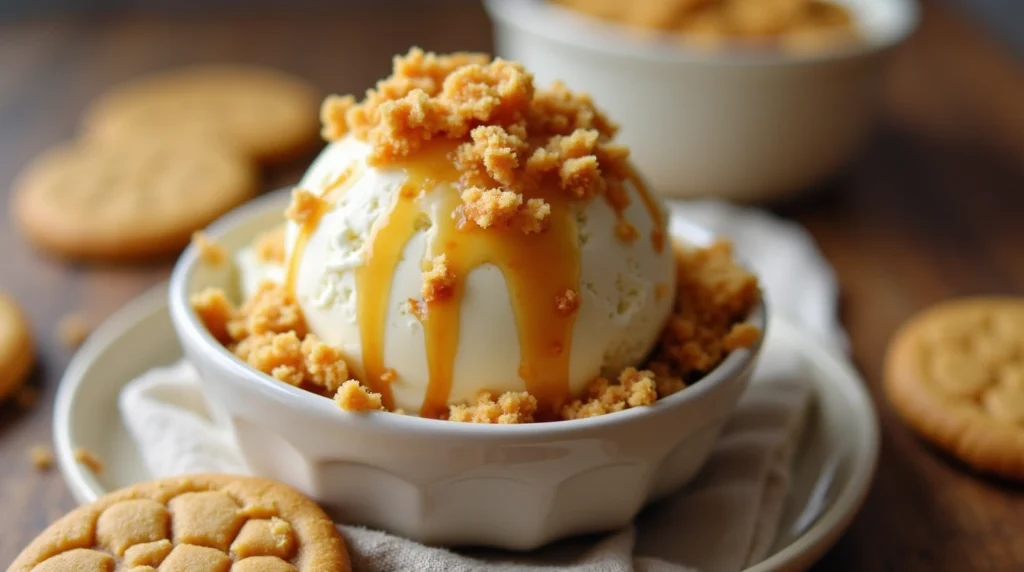 Butterscotch pudding cookies crumbled over a scoop of vanilla ice cream, creating a delicious dessert twist.