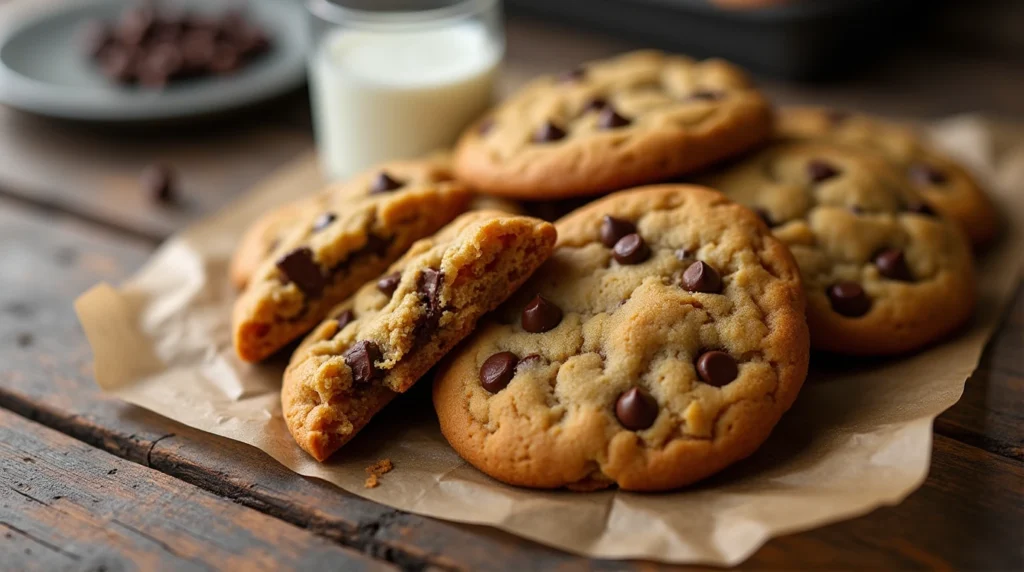 Freshly baked butterscotch pudding cookies on parchment paper, with chocolate chips, nuts, and a warm cup of milk