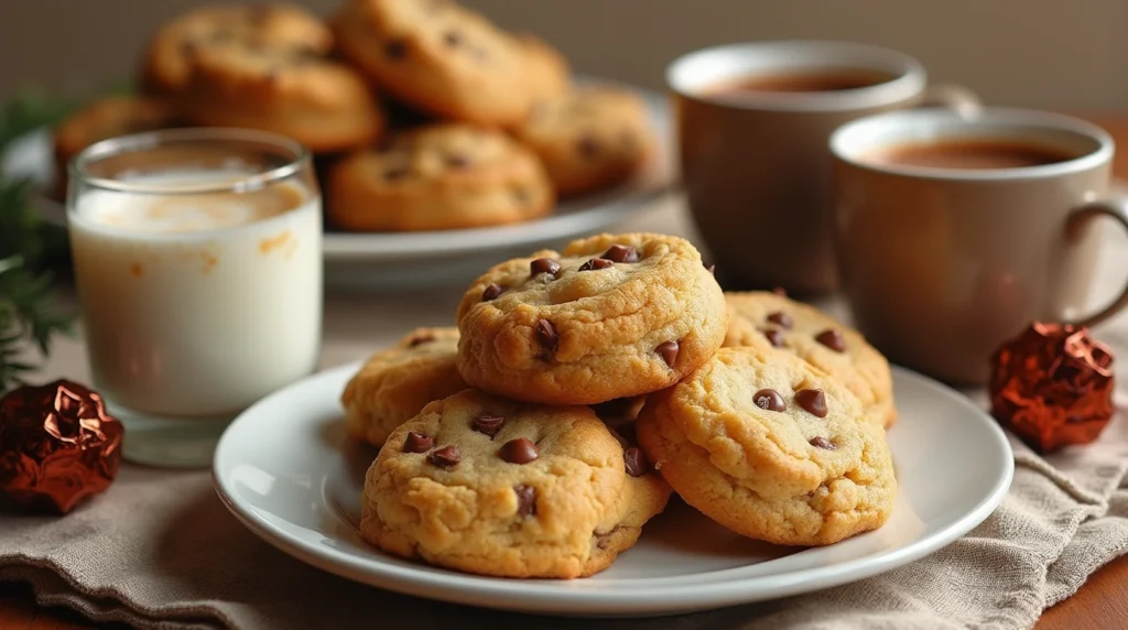 Warm butterscotch pudding cookies served with milk, coffee, and hot chocolate, alongside a festive dessert platter.