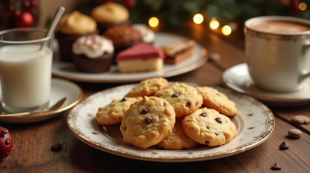 Warm butterscotch pudding cookies paired with milk, coffee, hot chocolate, and a festive dessert platter.