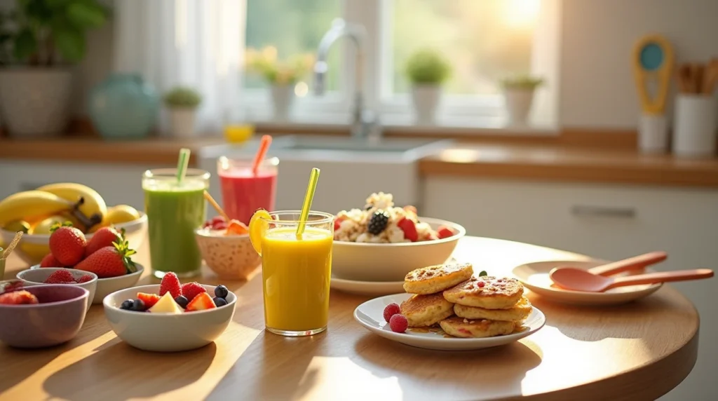 Cheerful Toddler Breakfast Spread with Smoothies, Fruit, Oatmeal, and Pancakes