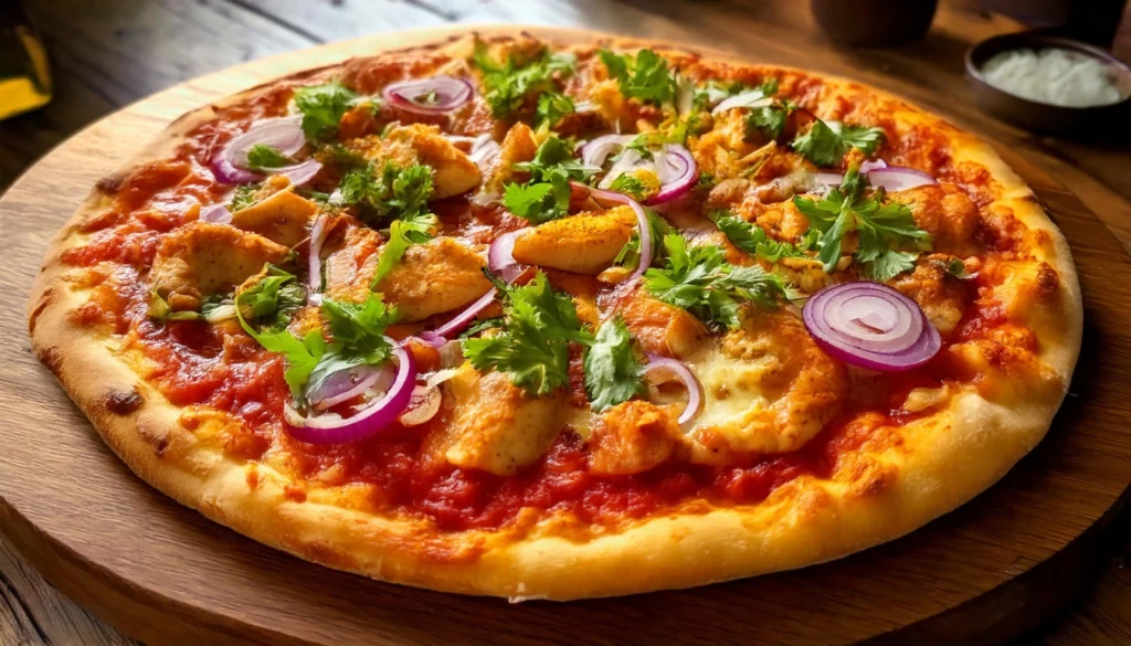 A close-up of a golden-brown Chicken Tikka Masala Pizza topped with cilantro and red onions.