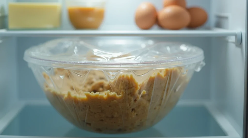 Cookie dough covered in plastic wrap, placed inside the refrigerator for chilling.