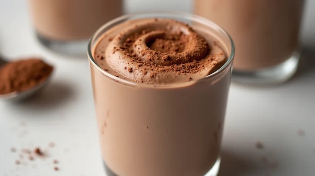 A dessert cup filled with light and airy chocolate mousse, topped with cocoa powder.