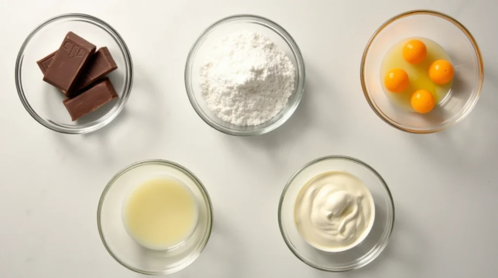 An overhead view of a clean kitchen countertop displaying the ingredients for chocolate mousse: a block of dark chocolate, separated egg yolks and whites in bowls, granulated sugar, and heavy cream, all neatly arranged in a bright, well-lit setting