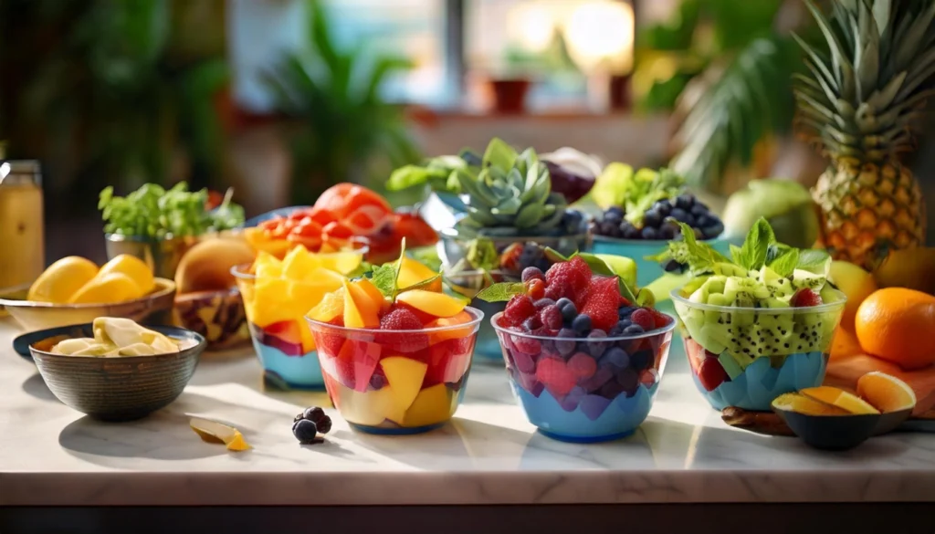 A variety of ingredients laid out on a countertop for creating individual dessert cups, including cake layers, cookie crumbs, mousse, pudding, and fresh fruit with whipped cream toppings.