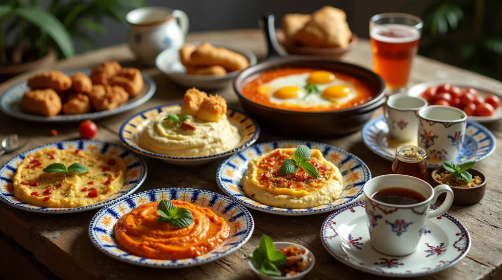 A vibrant Arabic breakfast spread featuring hummus, foul medames, manakish, fresh vegetables, and olives on a rustic table.