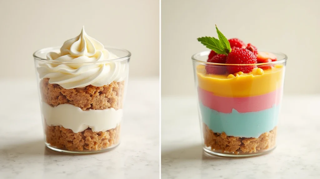 A two-view image showing individual dessert cups with contrasting textures: crispy graham cracker layers with creamy fillings like mousse or whipped cream, and colorful layers and toppings for visual appeal.