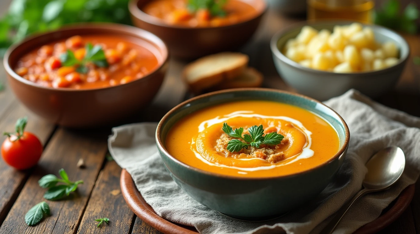 A warm kitchen scene featuring bowls of comforting soup recipes, including tomato basil, chicken noodle, and creamy potato leek soup, surrounded by fresh ingredients and rustic tableware. Perfect for a quick and easy dinner.