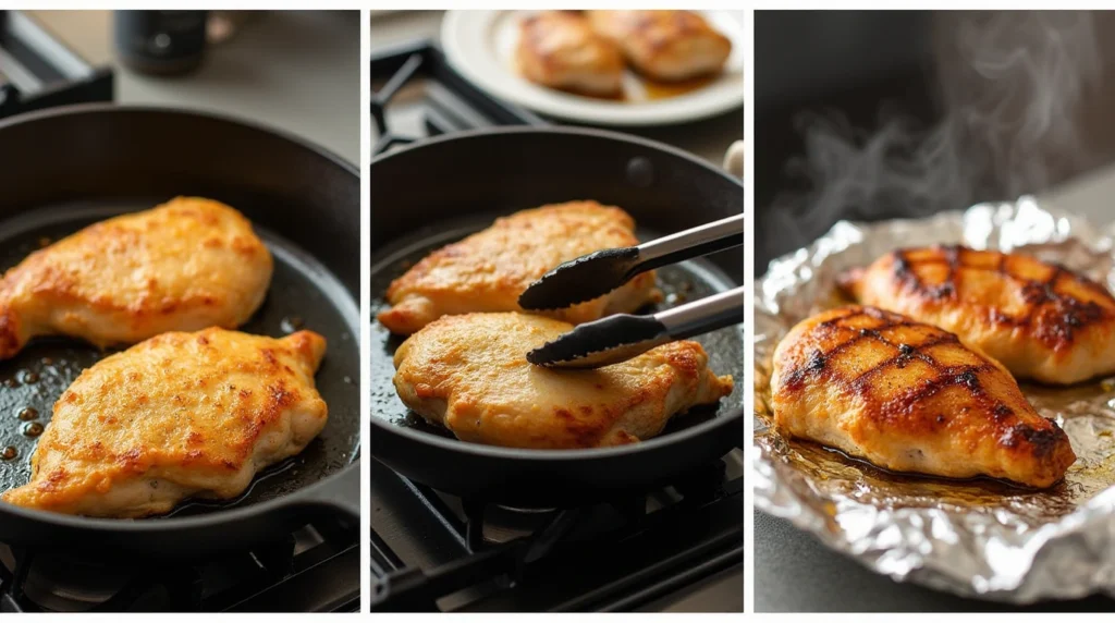 Three images showing chicken breasts searing in a skillet, being flipped with tongs, and resting on a plate, covered with foil.