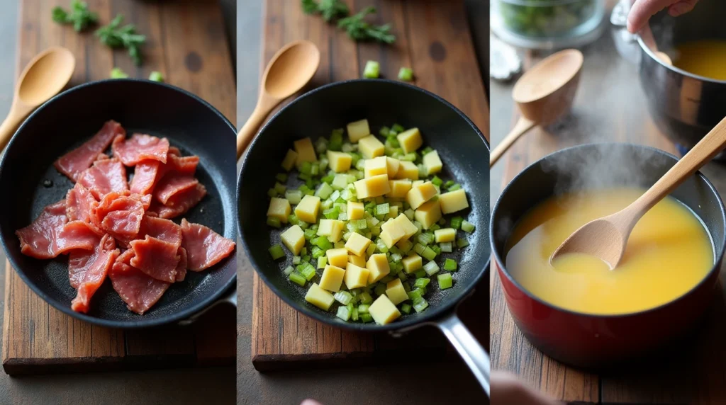 Step-by-step process of cooking cured meat leek soup: sizzling cured meat, sautéed leeks and potatoes, pouring chicken stock to boil.