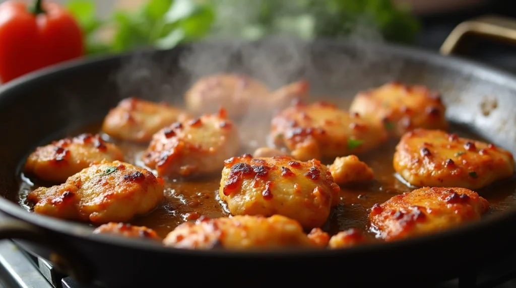 Boneless chicken pieces cooking in a skillet, golden-brown and sizzling.