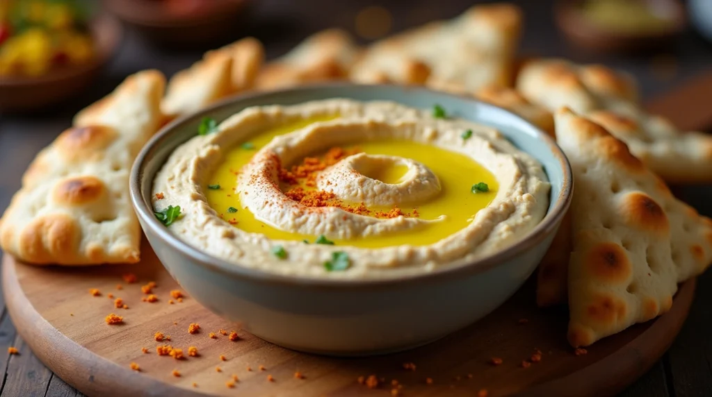 Creamy hummus with olive oil and pita bread for dipping