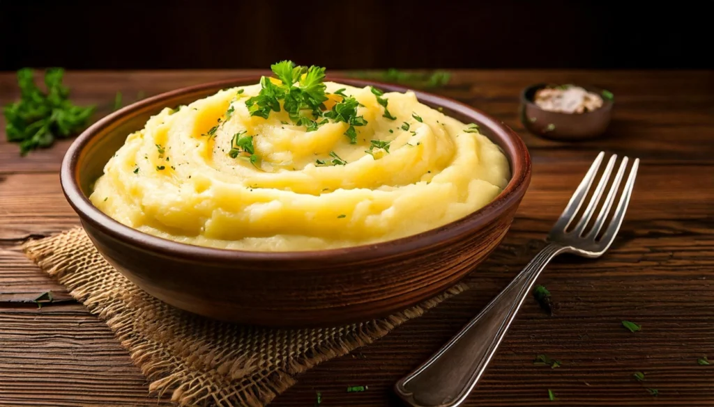 Close-up of creamy mashed potatoes with a dollop of butter and fresh herbs, served in a rustic bowl