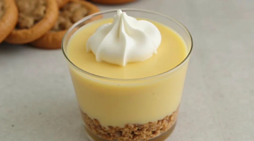 Smooth vanilla pudding in a dessert cup, topped with whipped cream and placed on a cookie crumb base.