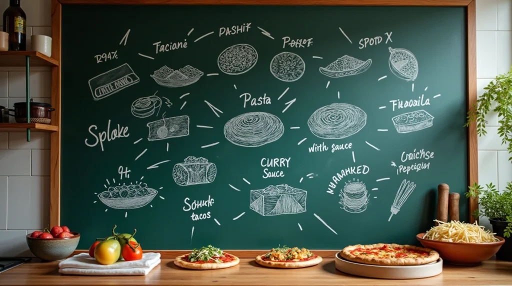 A chalkboard filled with creative fusion food ideas like sushi tacos and curry pasta.