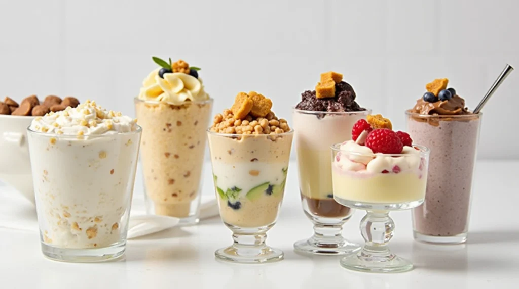 A creative assortment of mini dessert cups in different materials, ideal for home parties.