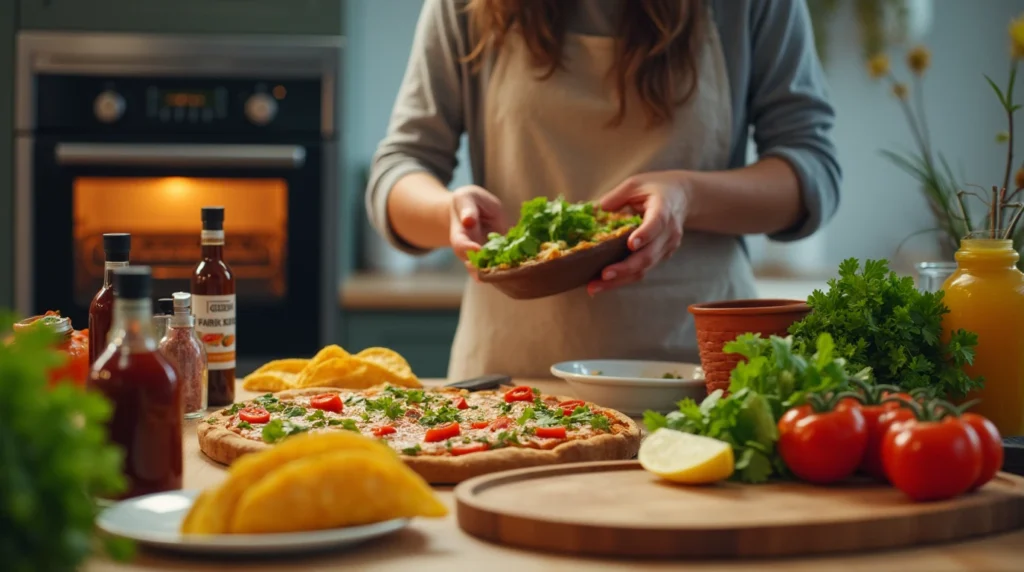 A home cook preparing fusion dishes with global ingredients in a vibrant kitchen.