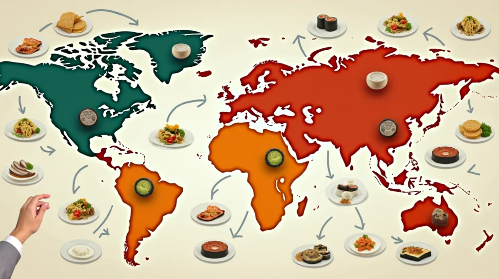 A world map with arrows pointing from various countries to the U.S., illustrating the journey of global cuisine