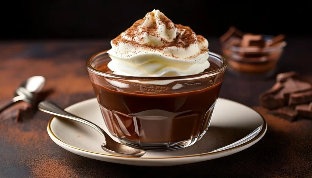 Rich chocolate pudding in a dessert cup, topped with whipped cream for a creamy, indulgent dessert experience.