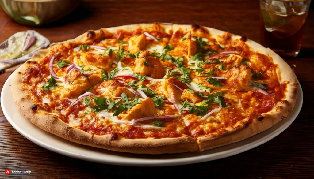 A freshly baked Chicken Tikka Masala Pizza with marinated chicken, melted mozzarella, cilantro, red onions, and red pepper flakes on a rustic wooden table.