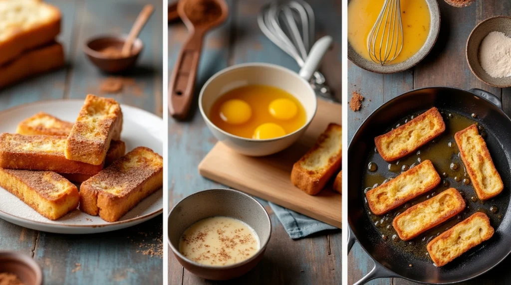 Multi-view image of French Toast Sticks, including ingredients, cooking process, and final dish served with syrup