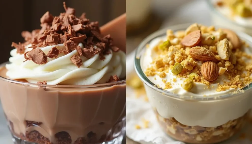 Dessert cup topped with chocolate shavings Crushed nuts sprinkled over the top