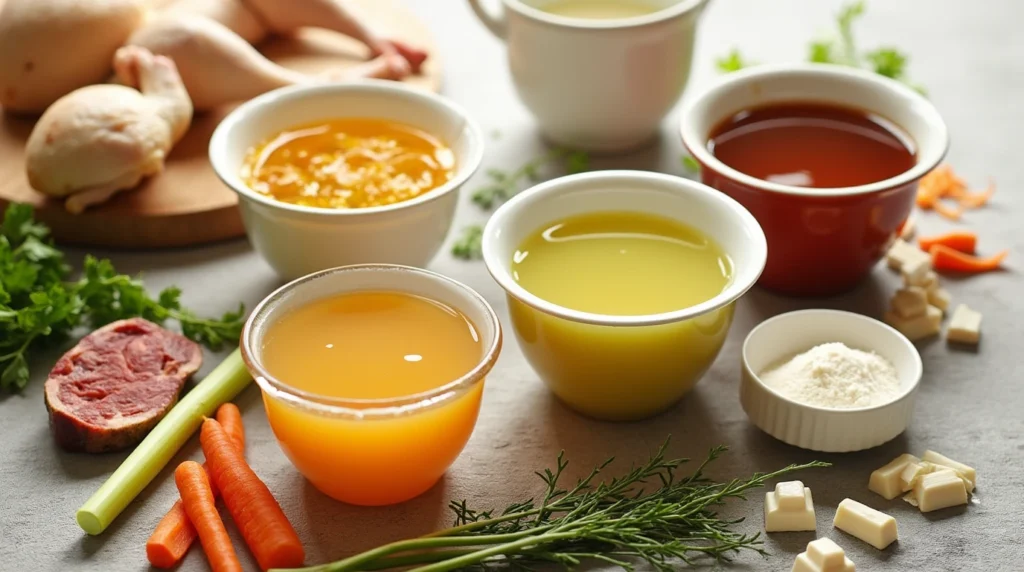 A variety of broths for soup including chicken broth, beef broth, vegetable broth, and stock cubes displayed in bowls with fresh ingredients