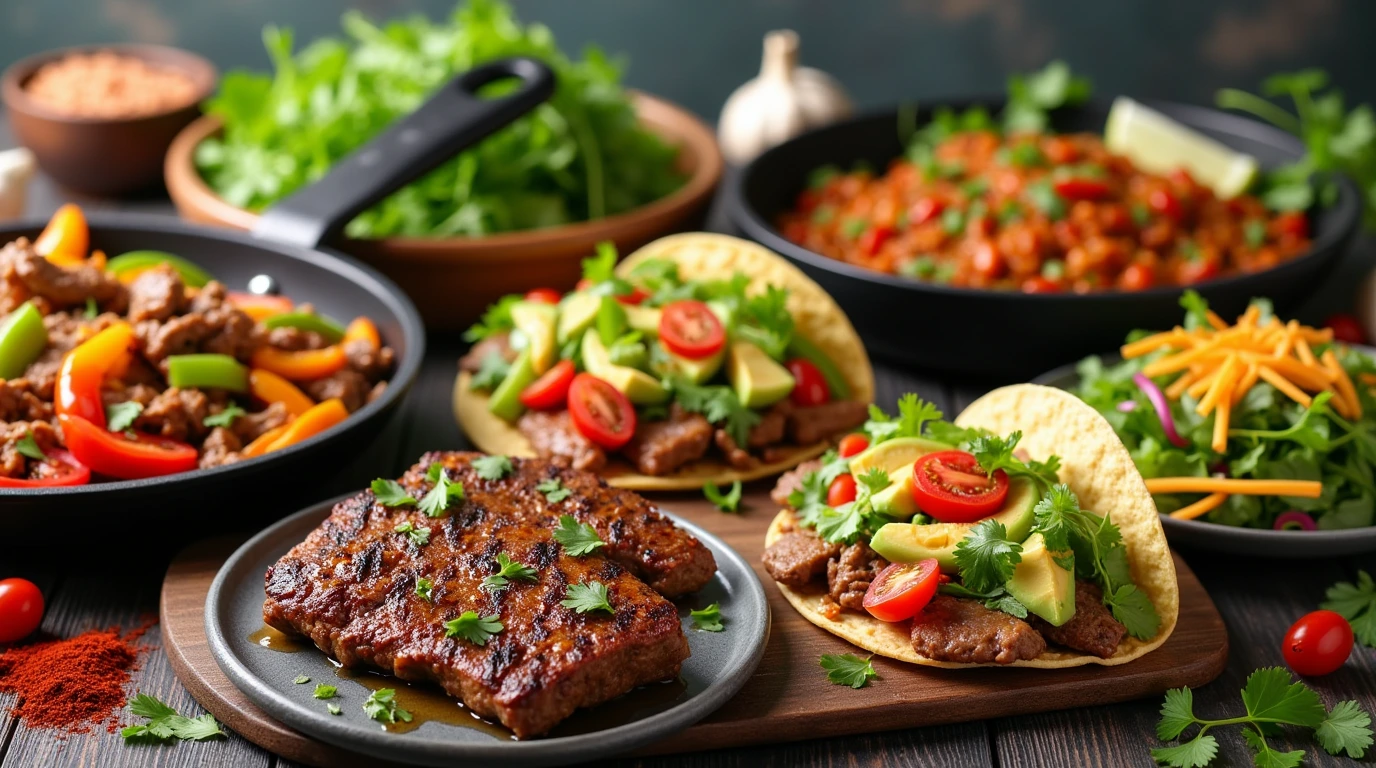 Vibrant kitchen scene featuring easy beef dishes for lunch, including stir-fried beef with bell peppers and broccoli, beef tacos with fresh toppings, and a colorful beef salad with avocado and cherry tomatoes. Fresh herbs and spices surround the dishes, showcasing preparation steps like marinating, sautéing, and assembling.